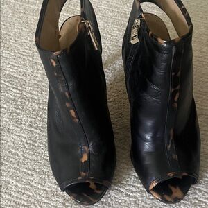 Ann Taylor Black and Tan Peep-Toe Ankle Boots
